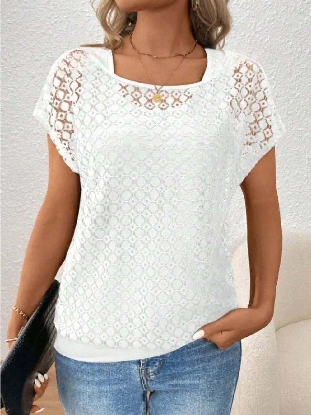 Lace Short Sleeve Fake Two Piece T-Shirt - Trendsi - Flyclothing LLC