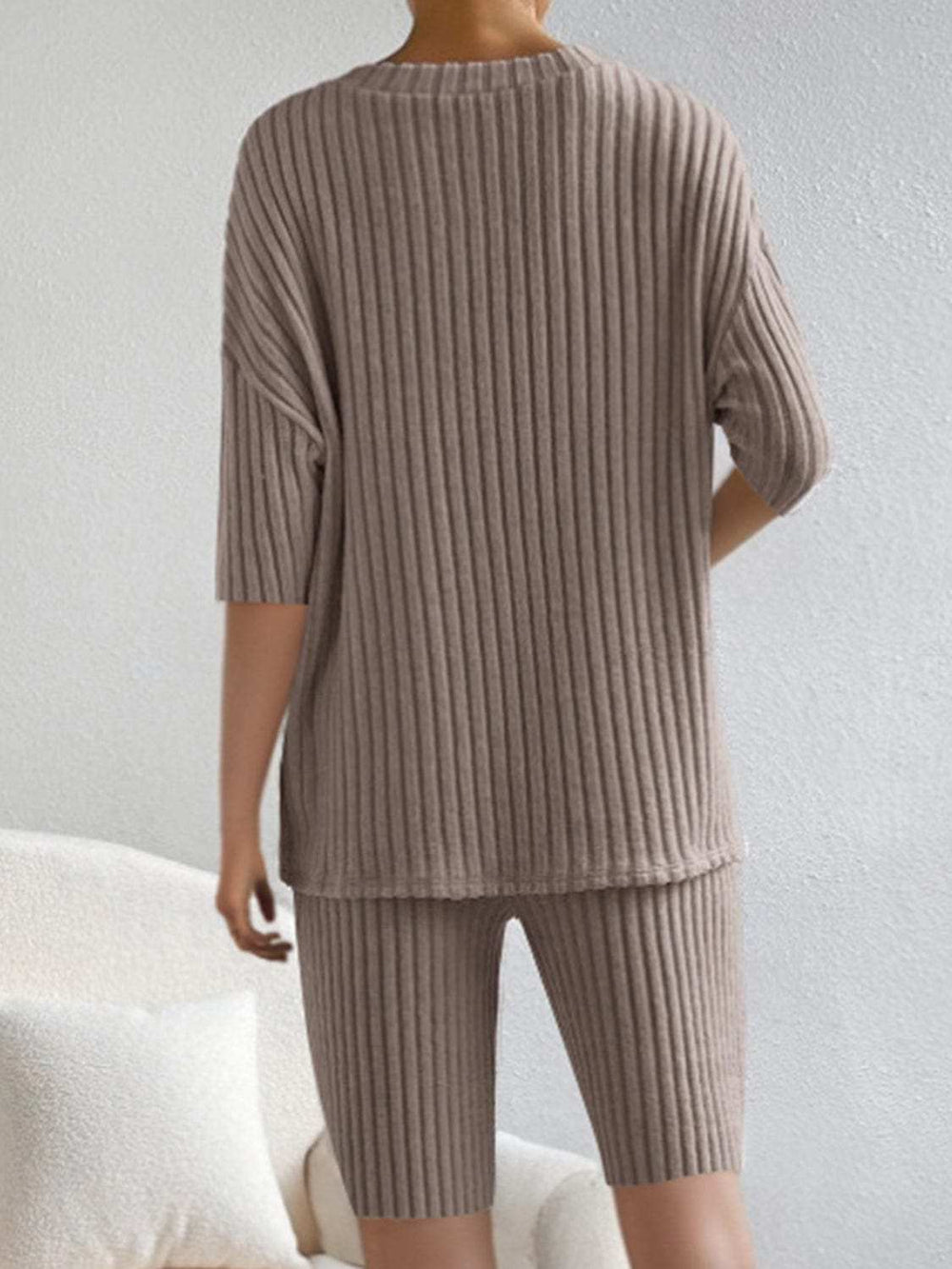 Ribbed V-Neck Top and Shorts Set - Trendsi - Flyclothing LLC