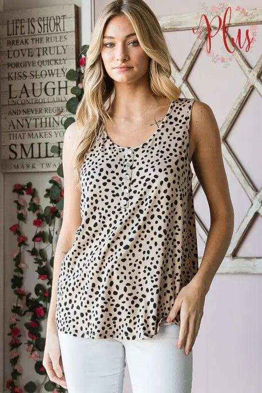 Heimish Full Size Front Button Animal Print Sleeveless Top Plus Size - Trendsi - Flyclothing LLC