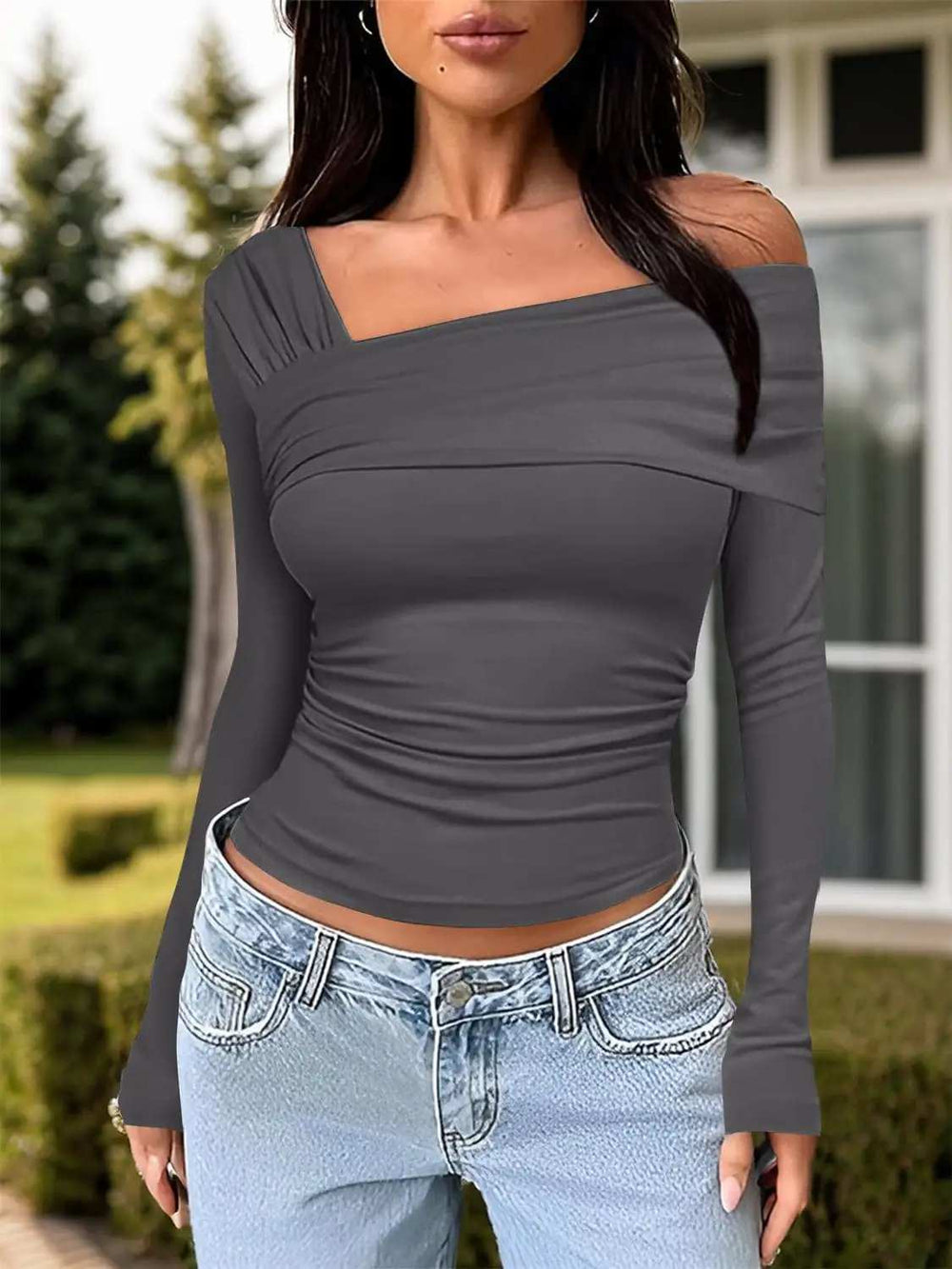 Ruched One Shoulder Long Sleeve T-Shirt - Trendsi - Flyclothing LLC