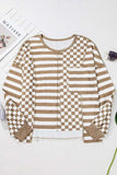 Checker & Stripes Round Neck Long Sleeve Blouse - Trendsi - Flyclothing LLC