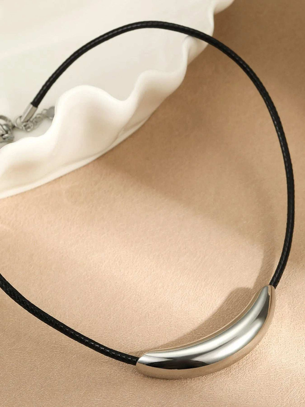 Stainless Steel Curved Bar Necklace with Leather Rope - Trendsi - Flyclothing LLC