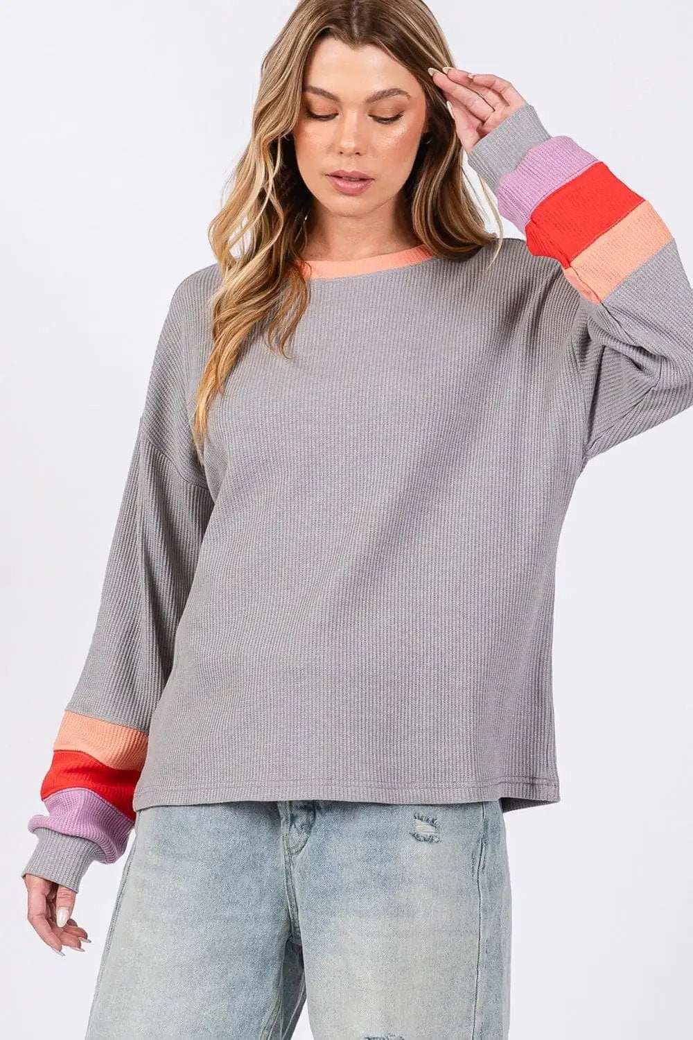 SAGE + FIG Color Block Waffle Knit T-Shirt - Trendsi - Flyclothing LLC