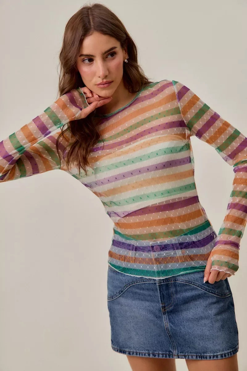 SO ME Mardi Gras Color Stripe Stretch Mesh Top - Trendsi - Flyclothing LLC