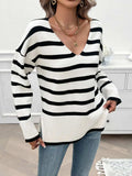 Striped V-Neck Long Sleeve Knit Top - Trendsi - Flyclothing LLC