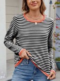 Striped Contrast Round Neck Long Sleeve Sweater - Trendsi - Flyclothing LLC