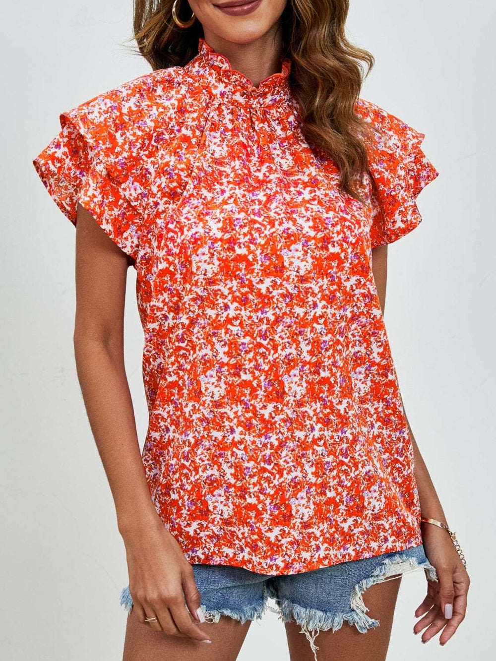 Ditsy Floral Mock Neck Flounce Sleeve Blouse - Trendsi - Flyclothing LLC