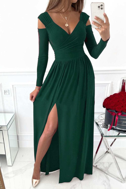 Slit Surplice Long Sleeve Maxi Dress - Trendsi - Flyclothing LLC