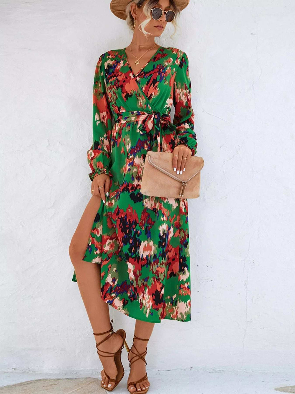 Printed Surplice Long Sleeve Midi Dress - Trendsi - Flyclothing LLC