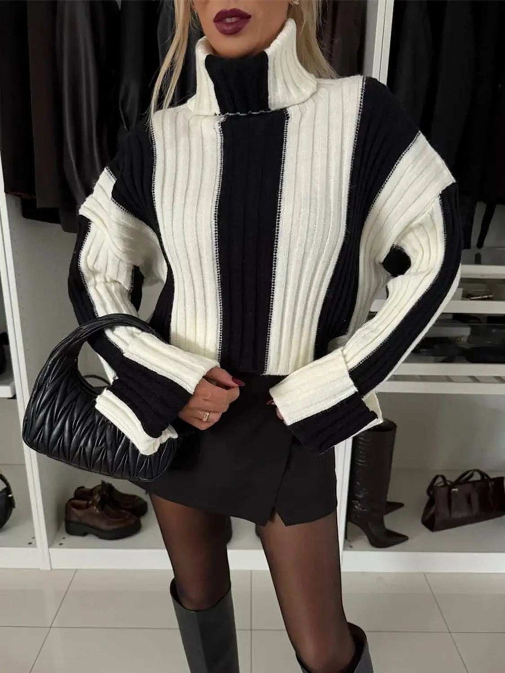 Striped Turtleneck Dropped Shoulder Sweater - Trendsi - Flyclothing LLC
