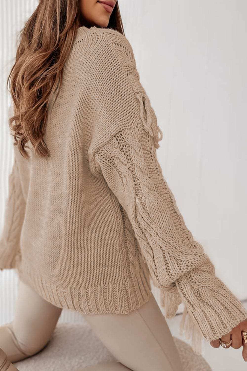 Cable Knit Fringe Round Neck Long Sleeve Sweater - Trendsi - Flyclothing LLC