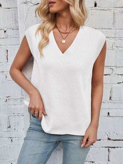 Lovelet Ribbed Slit V-Neck Sweater Vest - Trendsi - Flyclothing LLC