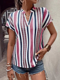 Striped Notched Short Sleeve Shirt - Trendsi - Flyclothing LLC