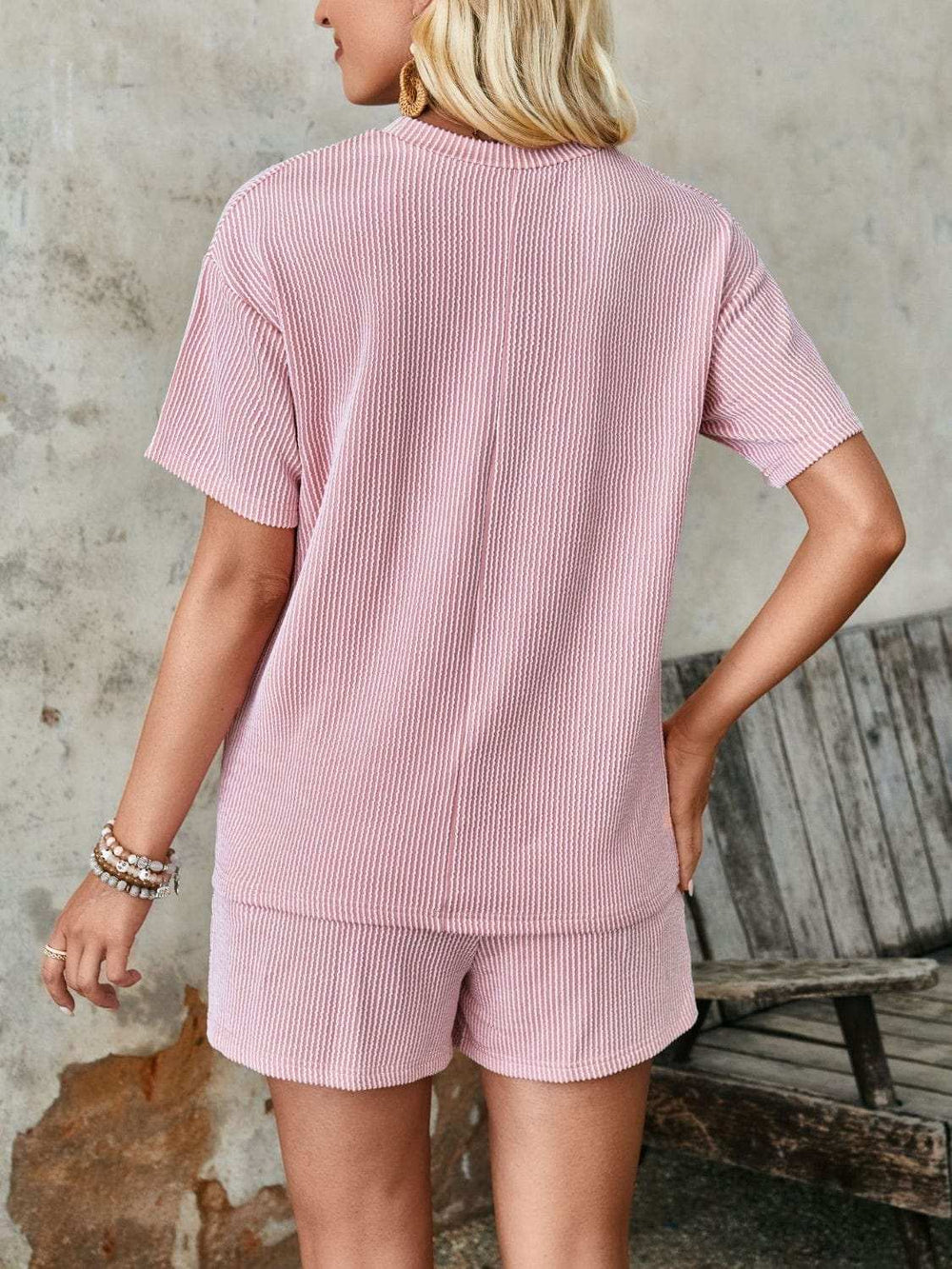 Textured Round Neck Short Sleeve Top and Shorts Set - Trendsi - Flyclothing LLC
