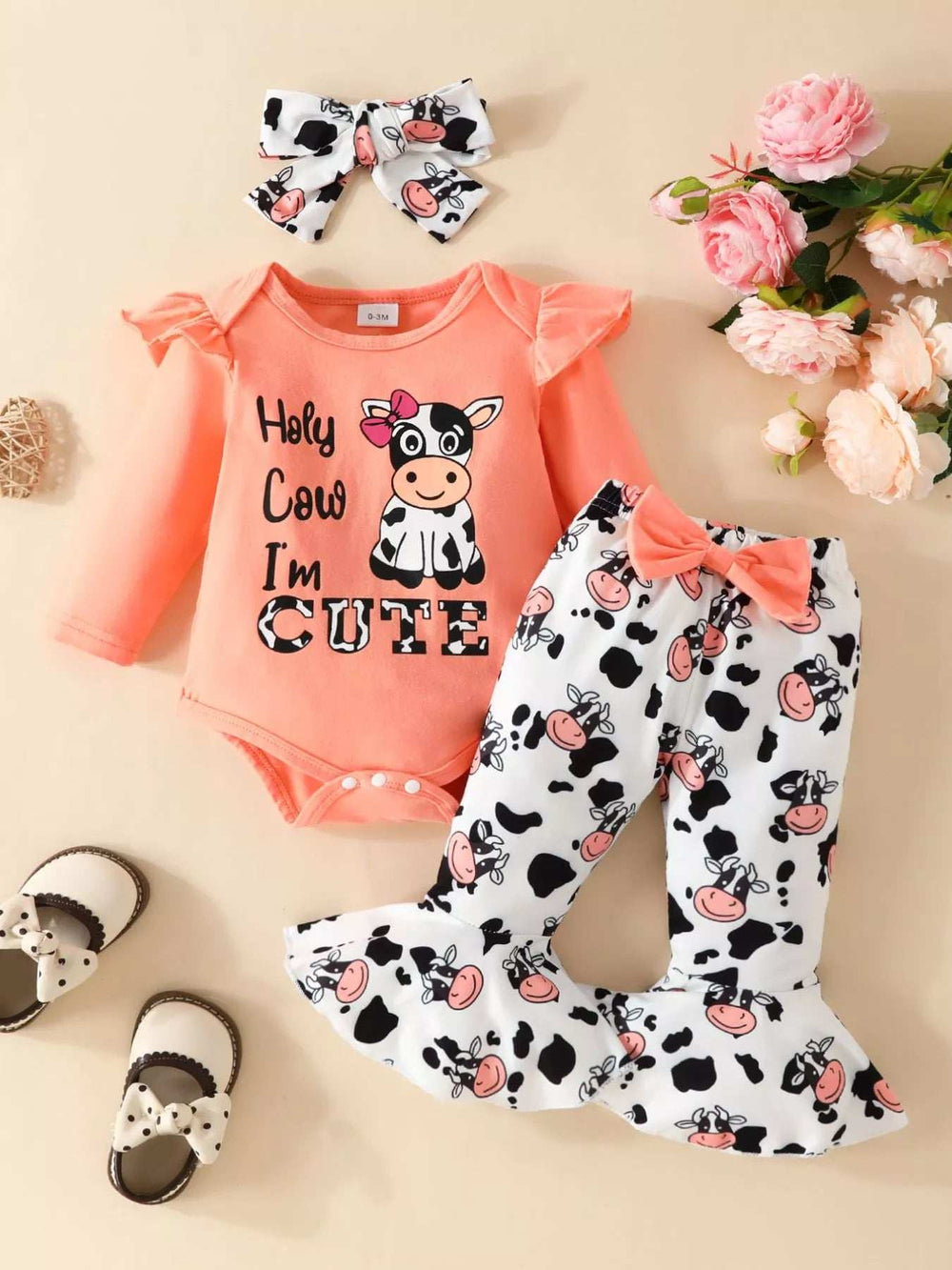 Children's Cow Graphic Ruffle Trim Bodysuit and Pants Set - Trendsi - Flyclothing LLC