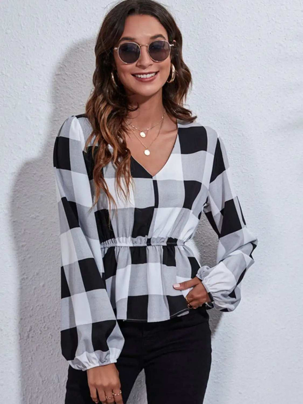 Ruched Printed V-Neck Long Sleeve Blouse - Trendsi - Flyclothing LLC