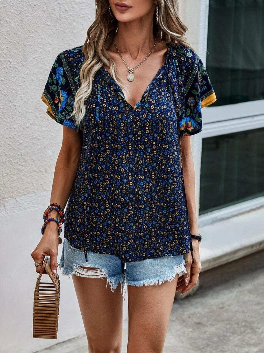 Printed Tie Neck Short Sleeve Blouse - Trendsi - Flyclothing LLC