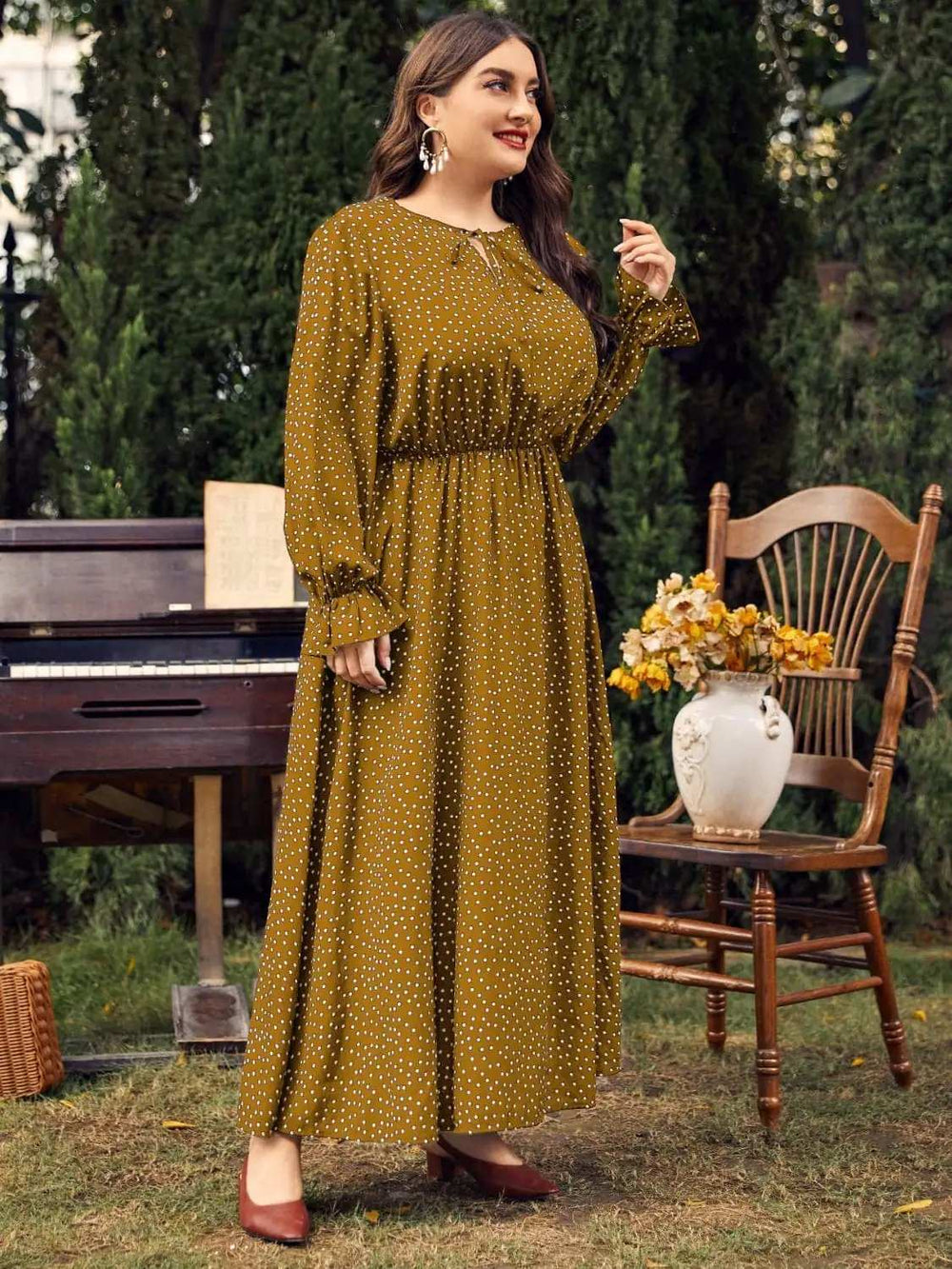 Plus Size Ruffled Polka Dot Long Sleeve Midi Dress - Trendsi - Flyclothing LLC