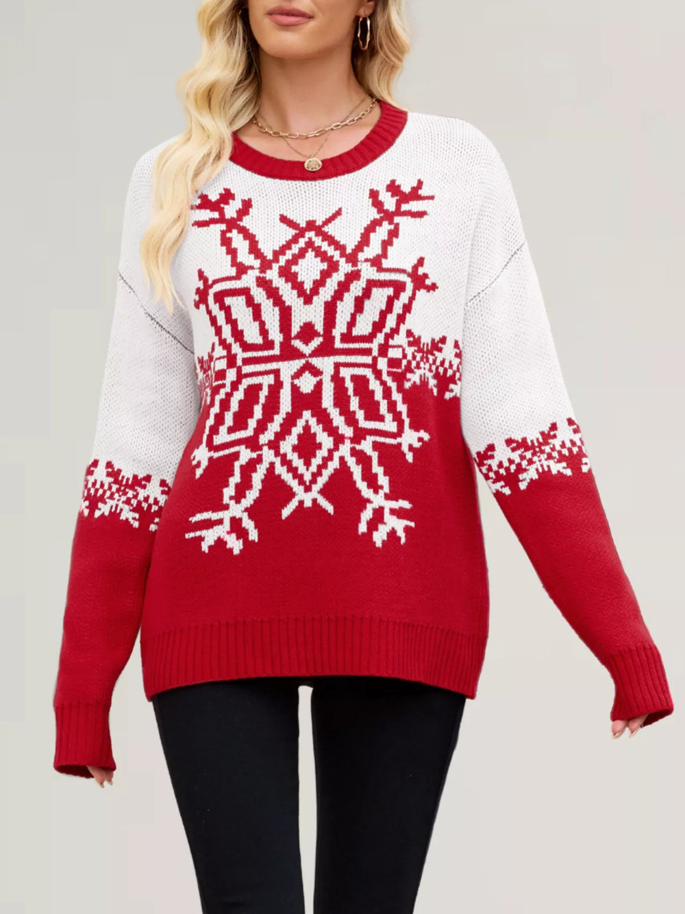 Christmas Snowflake Round Neck Sweater - Trendsi - Flyclothing LLC
