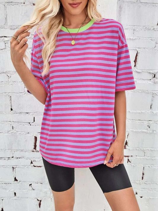 Contrast Striped Round Neck T-Shirt - Trendsi - Flyclothing LLC