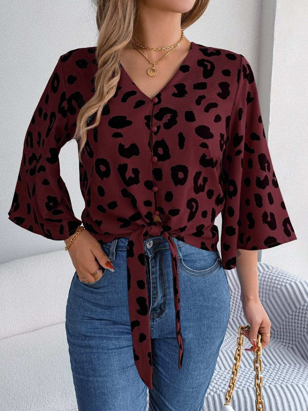 Tied Button Up Leopard V-Neck Blouse - Trendsi - Flyclothing LLC