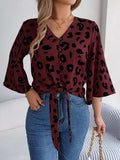 Tied Button Up Leopard V-Neck Blouse - Trendsi - Flyclothing LLC