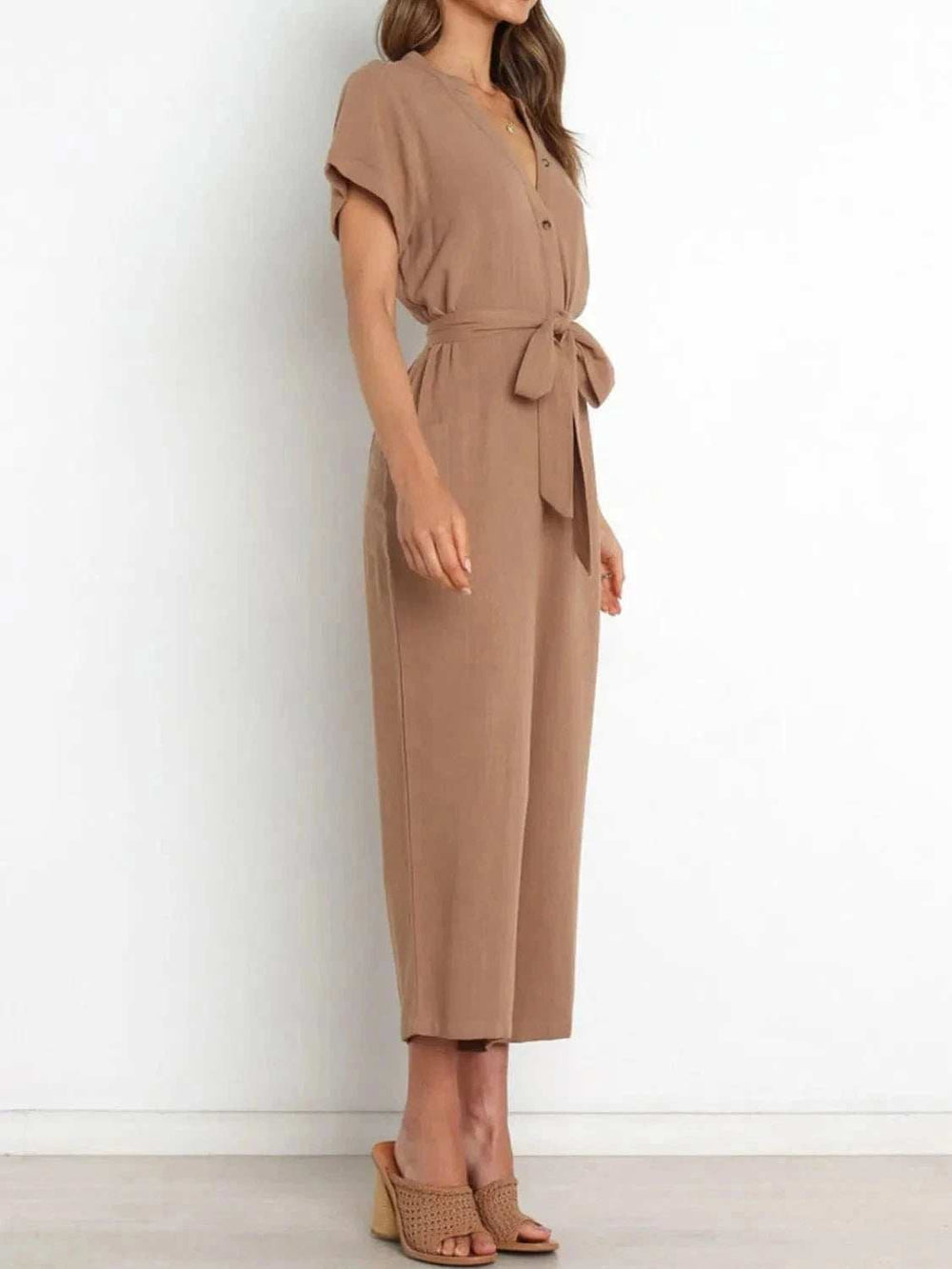 Notched Short Sleeve Tie Waist Jumpsuit - Trendsi - Flyclothing LLC