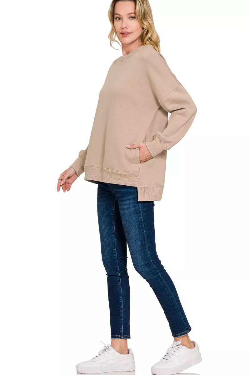 Zenana Full Size Fleece Hi-low Boyfriend Sweatshirts with Pockets Plus Size - Trendsi - Flyclothing LLC