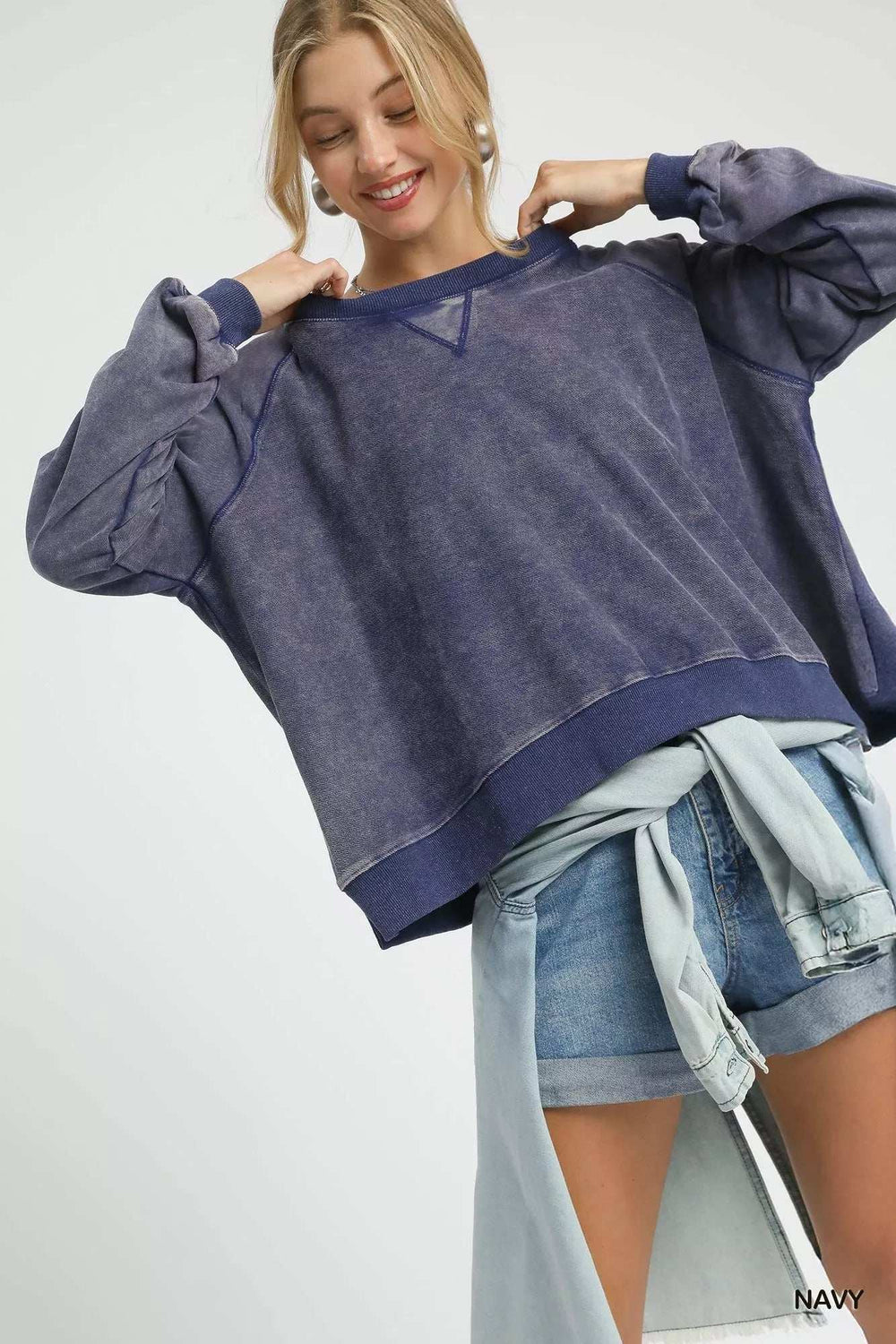 Umgee Mineral Wash French Terry Sweatshirt - Trendsi - Flyclothing LLC