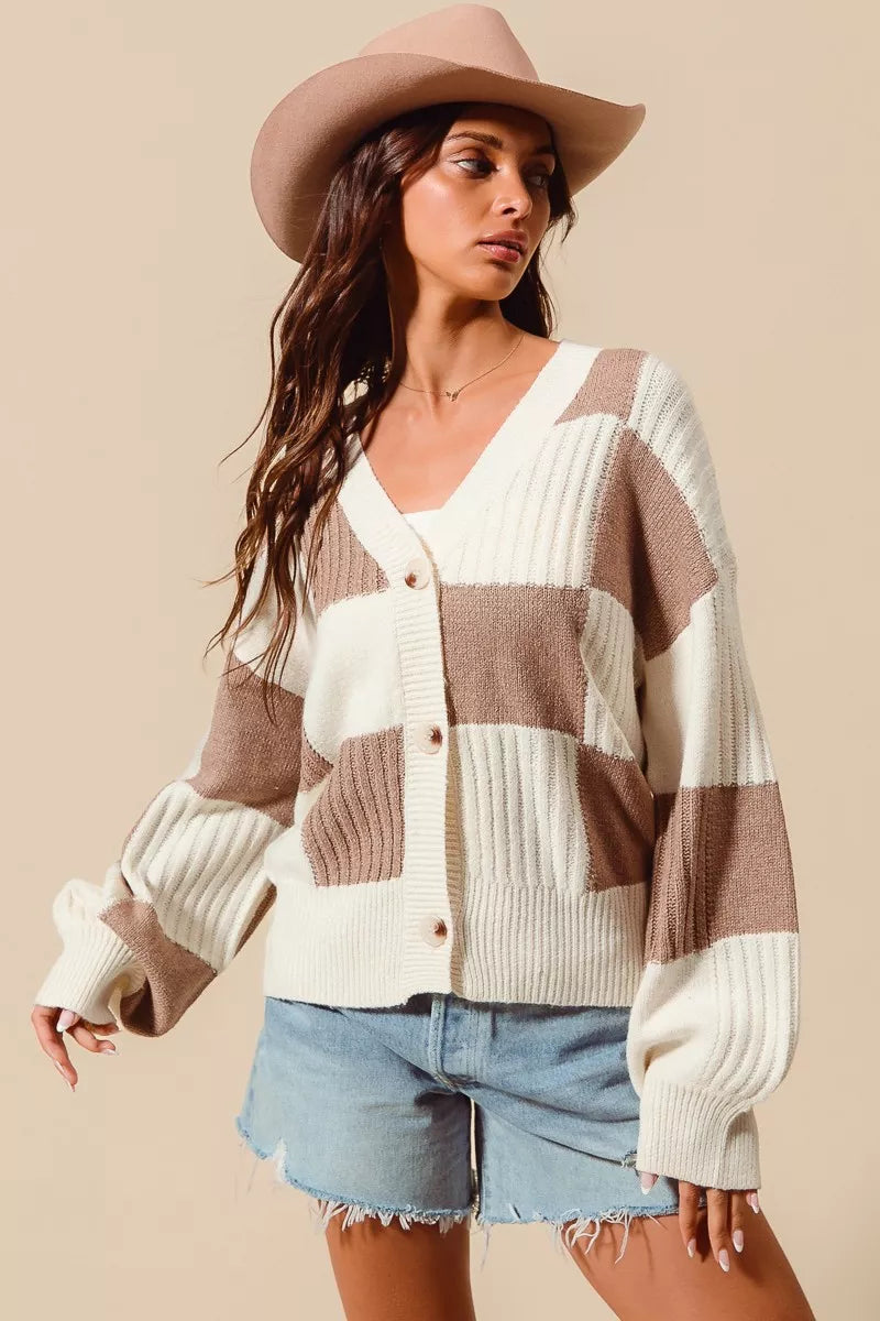SO ME Checkered Button Front Ribbed Sweater Cardigan - Trendsi - Flyclothing LLC