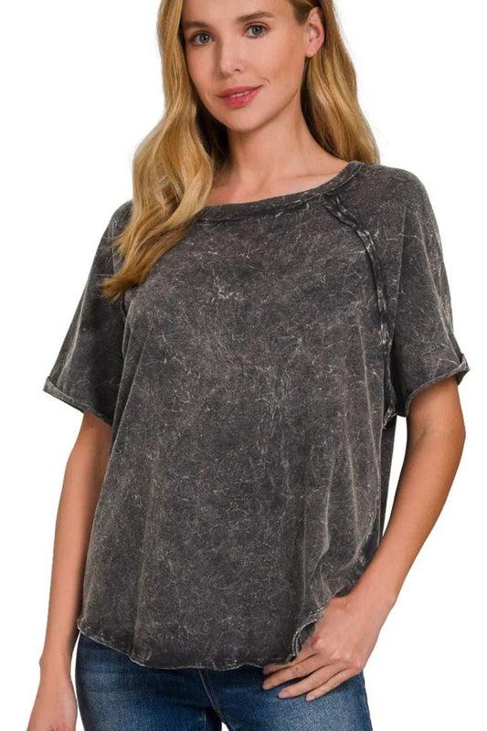 Zenana Back Patch Crinkle Washed Raglan Sleeve T-Shirts - Trendsi - Flyclothing LLC