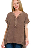 Zenana Washed Double Gauze 3/4 Button Henley Neck Shirt - Trendsi - Flyclothing LLC