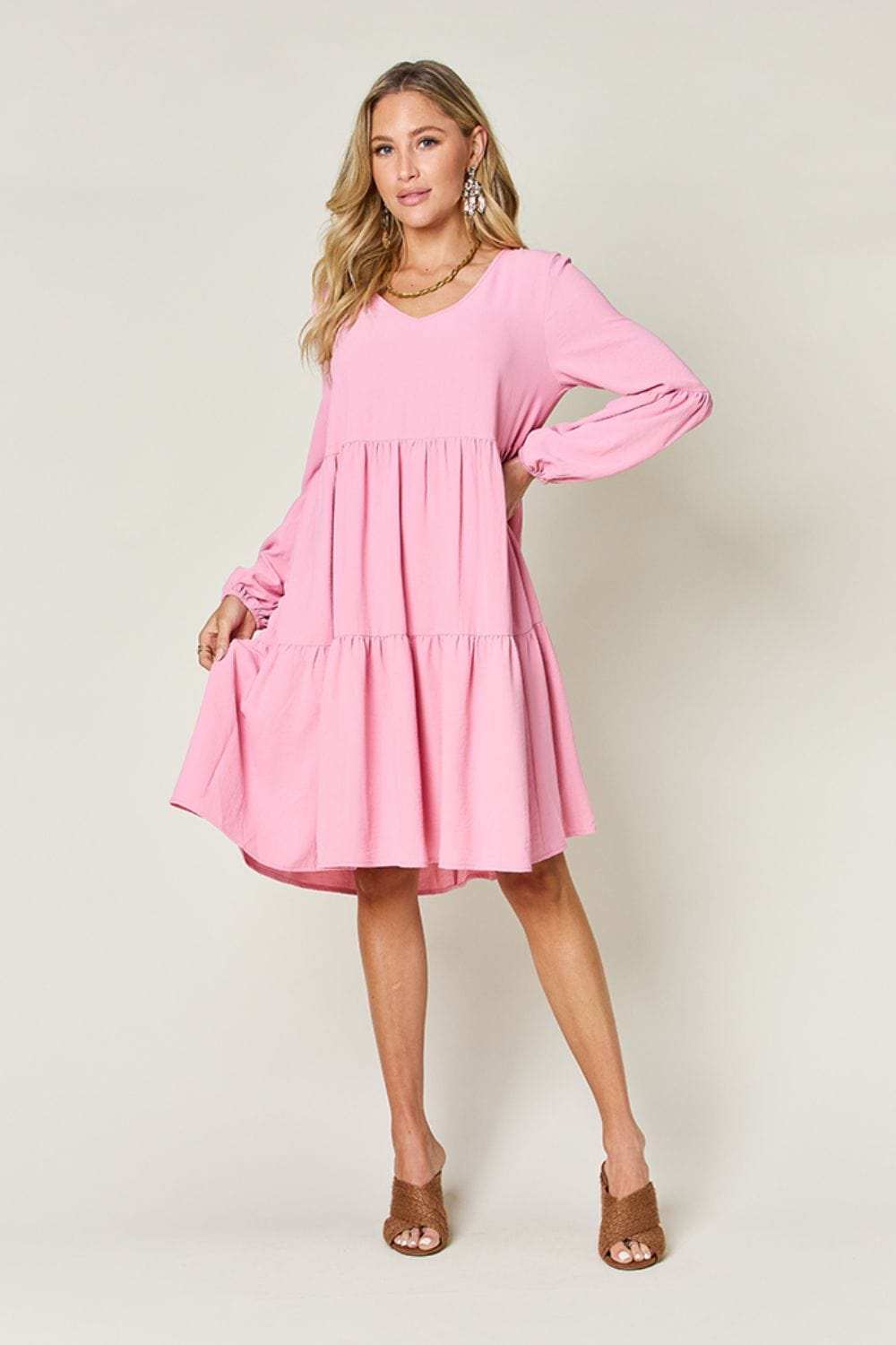Double Take Full Size V-Neck Balloon Sleeve Tiered Dress - Trendsi - Flyclothing LLC