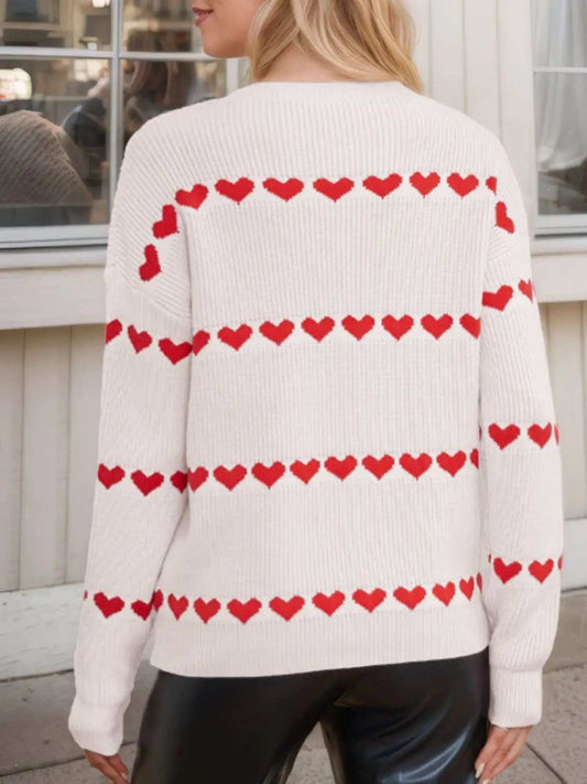 Heart Round Neck Long Sleeve Sweater - Trendsi - Flyclothing LLC