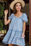 Square Neck Puff Sleeve Denim Dress - Trendsi - Flyclothing LLC