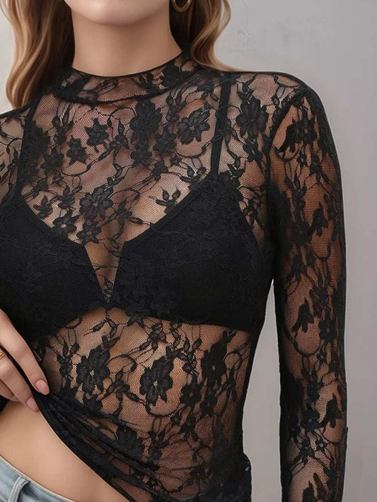 Floral Mock Neck Long Sleeve Mesh Top - Trendsi - Flyclothing LLC