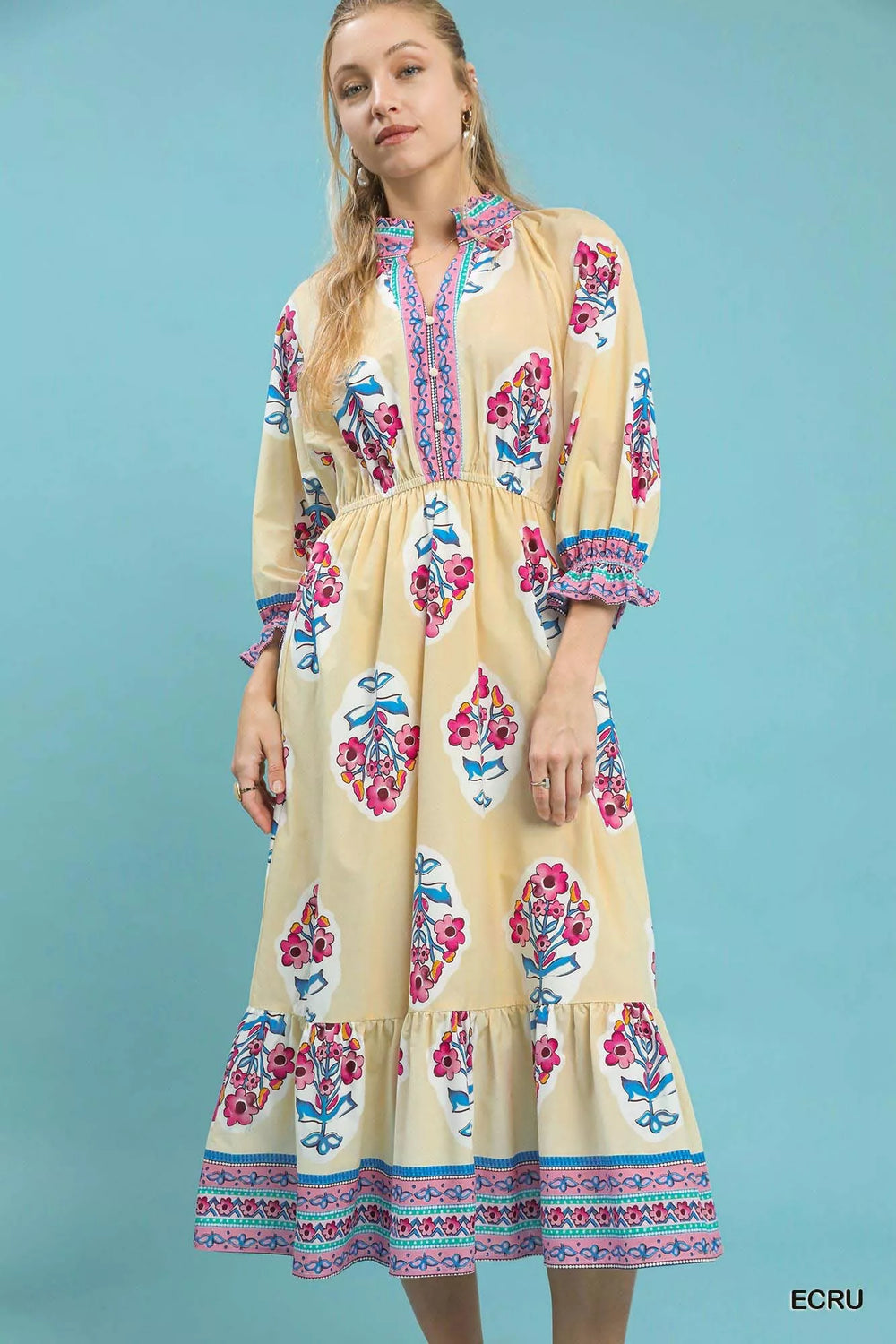 Umgee Flower Patch Border Print Midi Dress - Trendsi - Flyclothing LLC