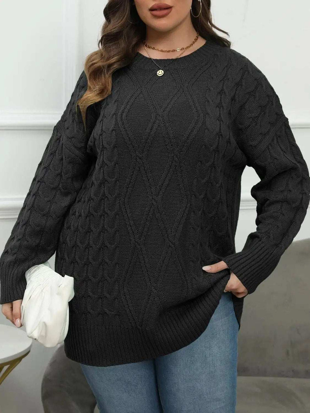 Plus Size Round Neck Long Sleeve Sweater - Trendsi - Flyclothing LLC