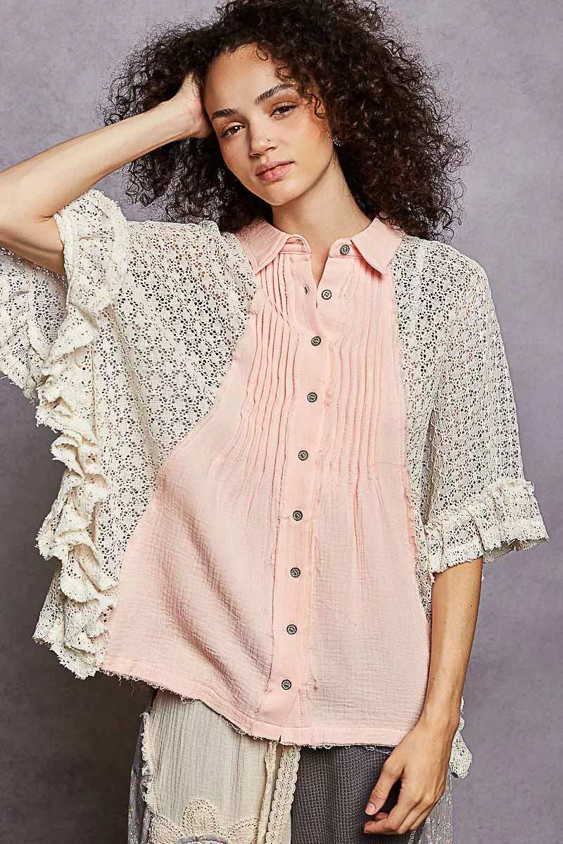 POL Button Down Front Pleated Shirt with Crochet Patch - Trendsi - Flyclothing LLC