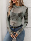 Printed Mock Neck Long Sleeve Mesh T-Shirt - Trendsi - Flyclothing LLC
