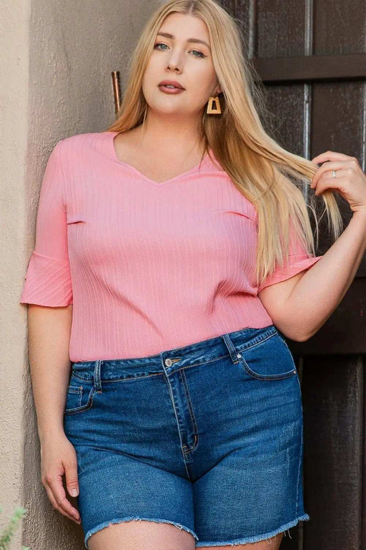 Plus Size V-Neck Half Sleeve Blouse - Trendsi - Flyclothing LLC