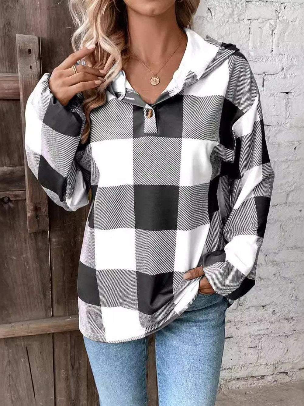 Plaid Dropped Shoulder Long Sleeve Hoodie - Trendsi - Flyclothing LLC