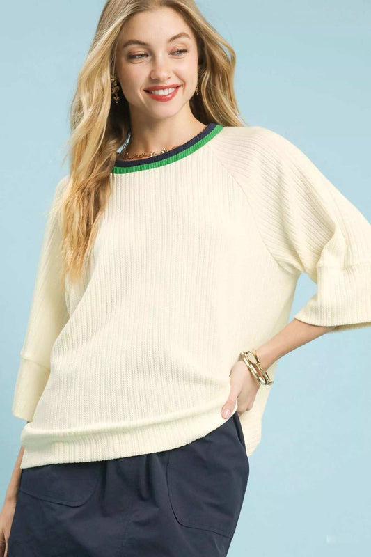 Umgee Ribbed Knit Top with Contrast Trim - Trendsi - Flyclothing LLC
