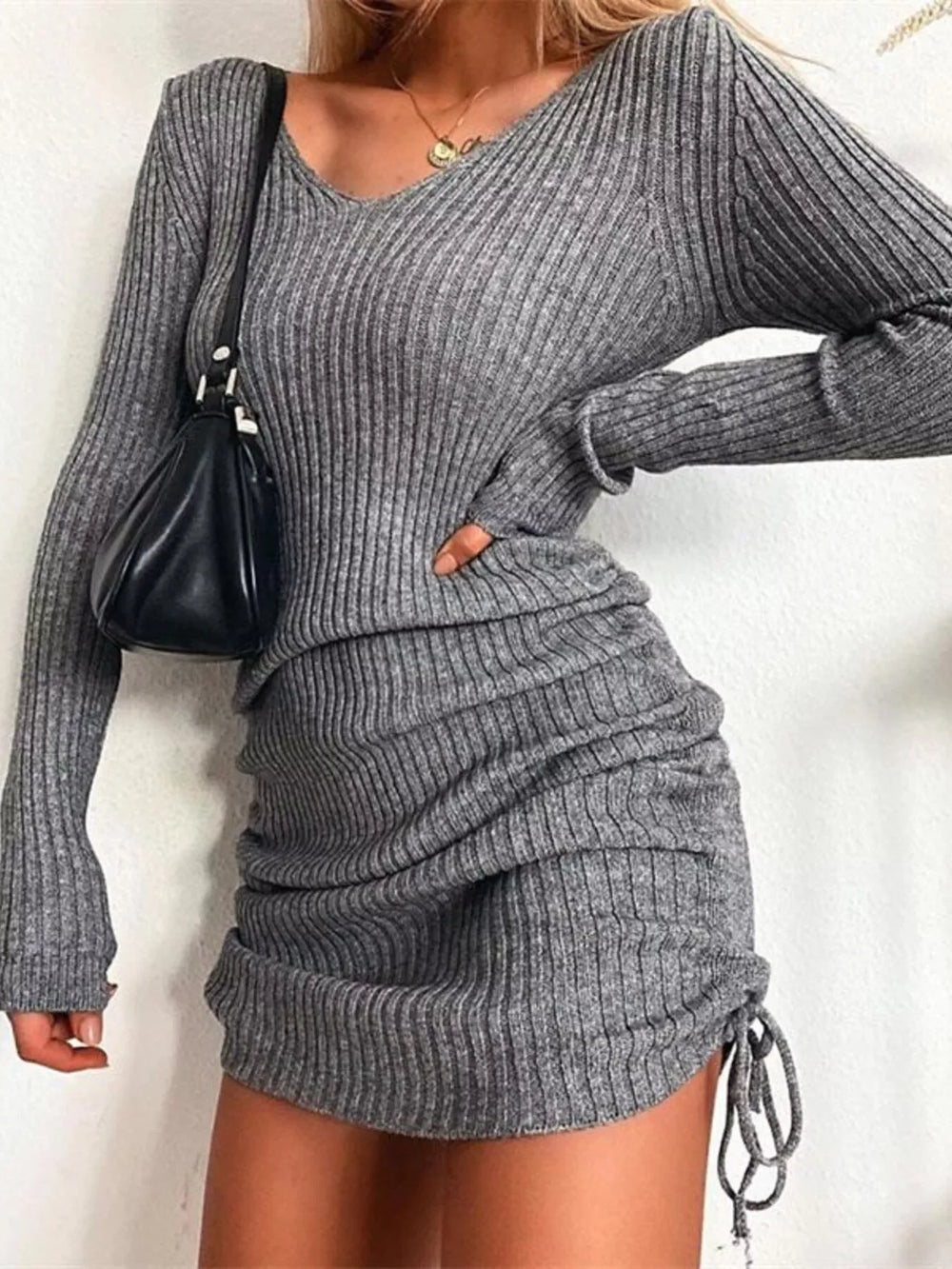 Full Size Ribbed Knit Drawstring Bodycon Sweater Dress Plus Size - Trendsi - Flyclothing LLC