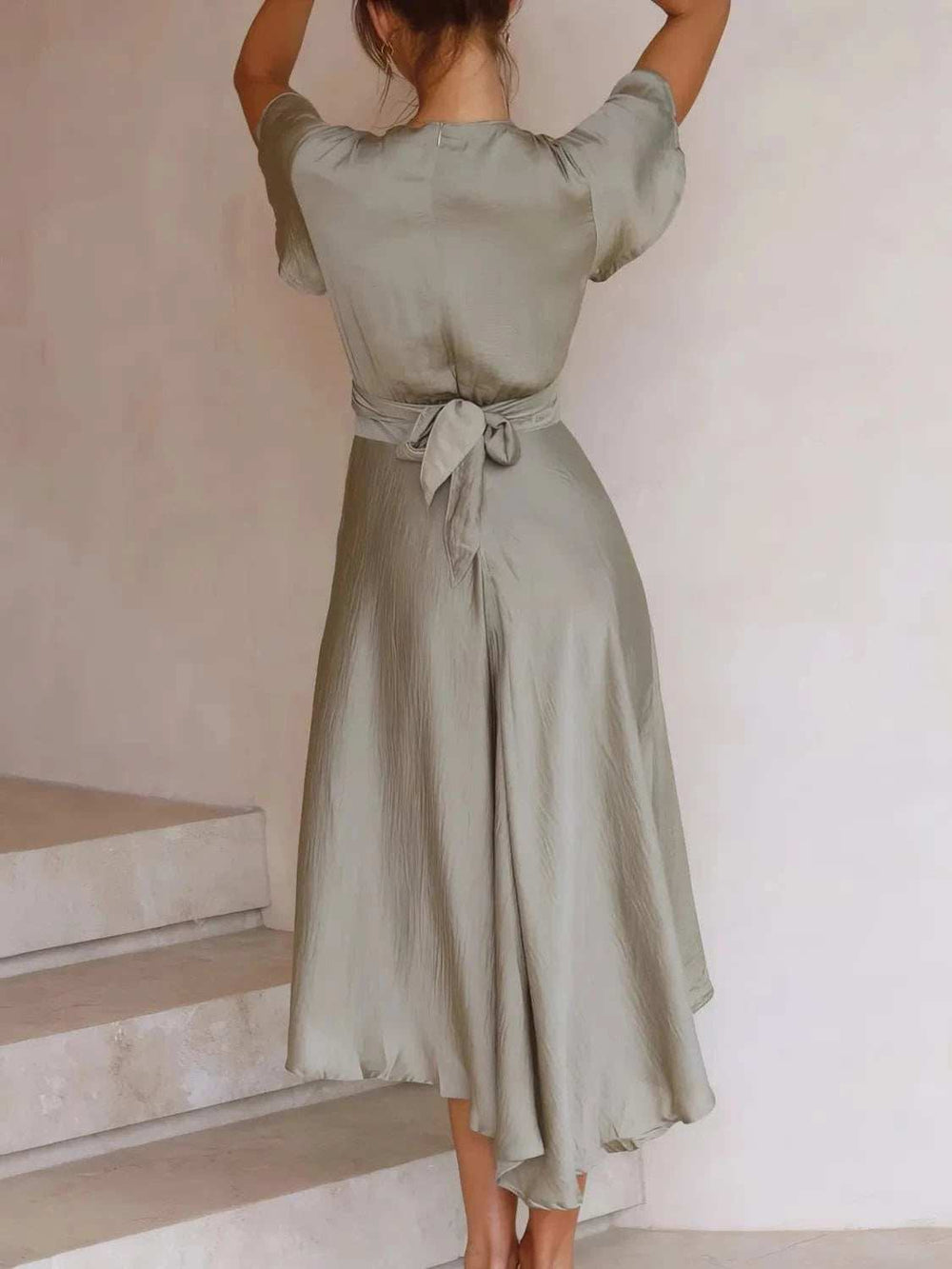 High-Low Plunge Flutter Sleeve Dress - Trendsi - Flyclothing LLC