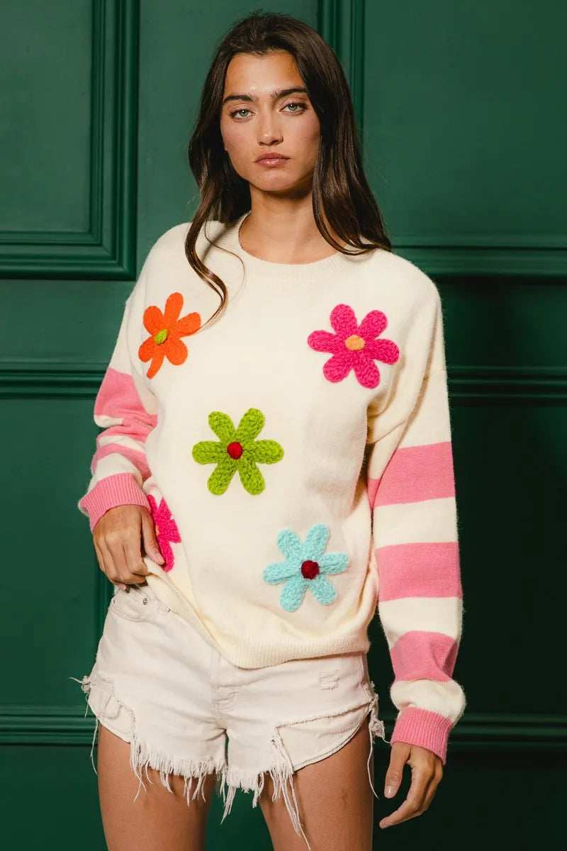 BiBi Colorful Floral Patched Sweater with Striped Sleeve - Trendsi - Flyclothing LLC