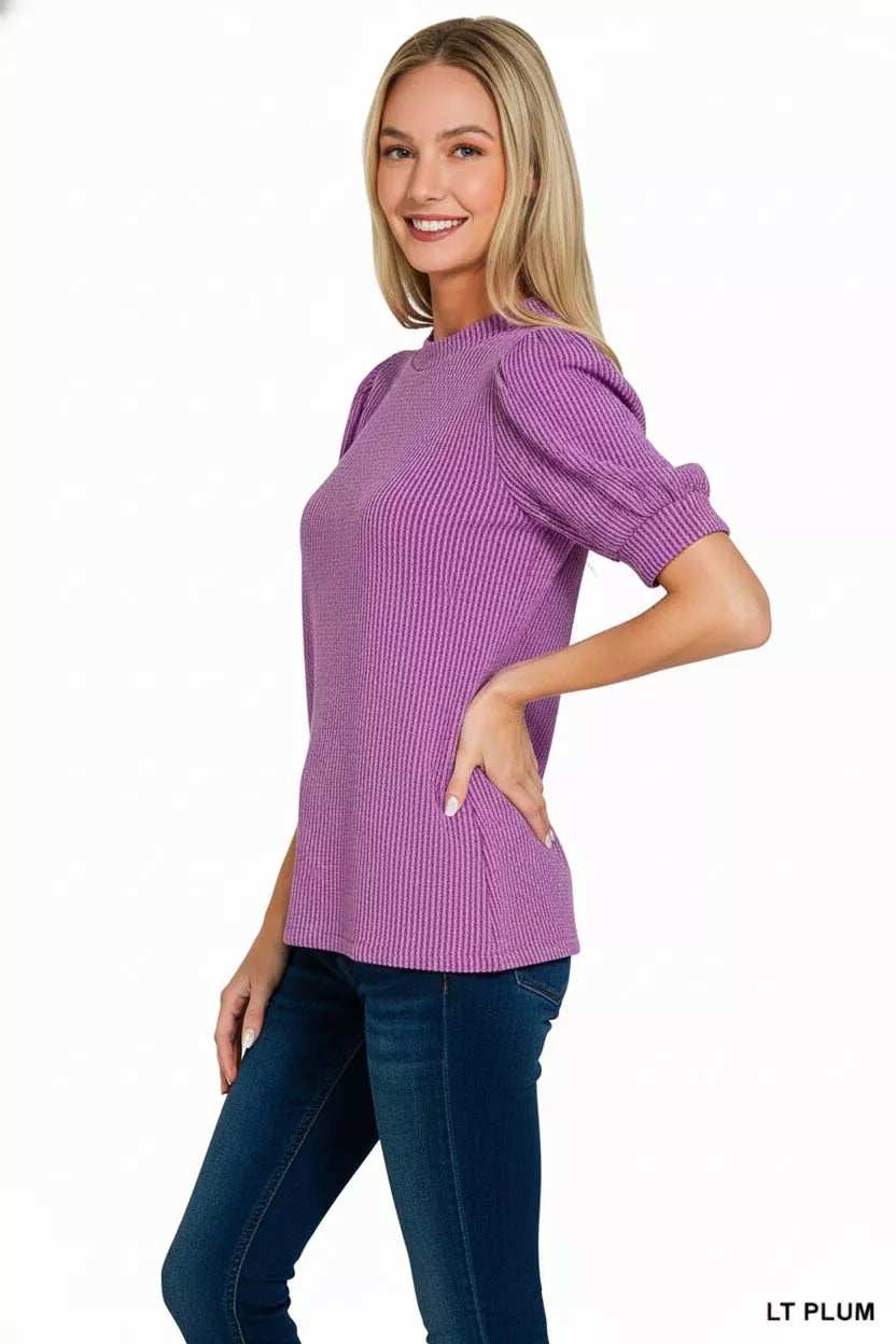 Zenana Raised Rib Puff Sleeve Top - Trendsi - Flyclothing LLC