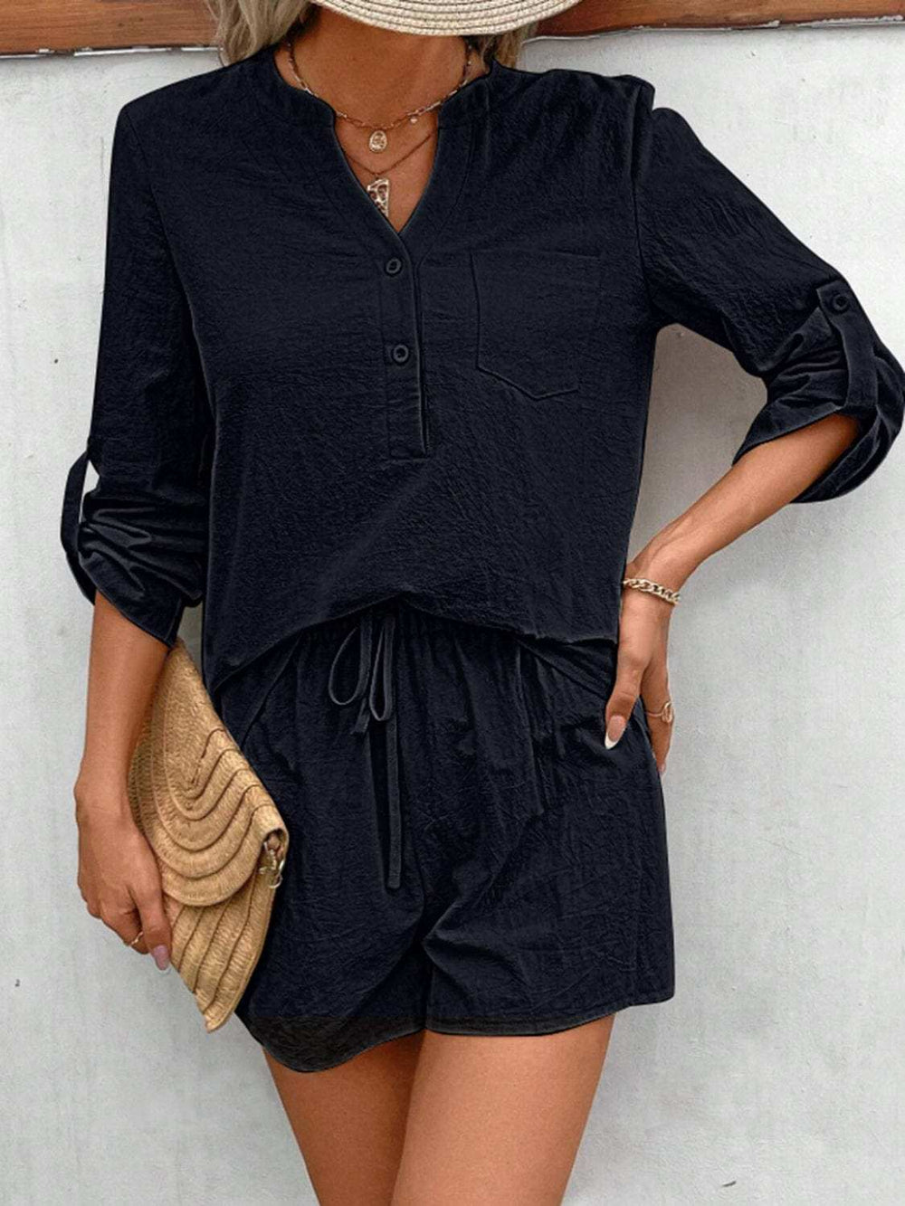 Notched Long Sleeve Top and Shorts Set - Trendsi - Flyclothing LLC