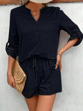 Notched Long Sleeve Top and Shorts Set - Trendsi - Flyclothing LLC