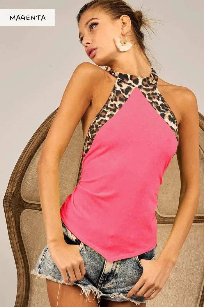BiBi Triblend Leopard Halter Neck Tied Detailed Top - Trendsi - Flyclothing LLC